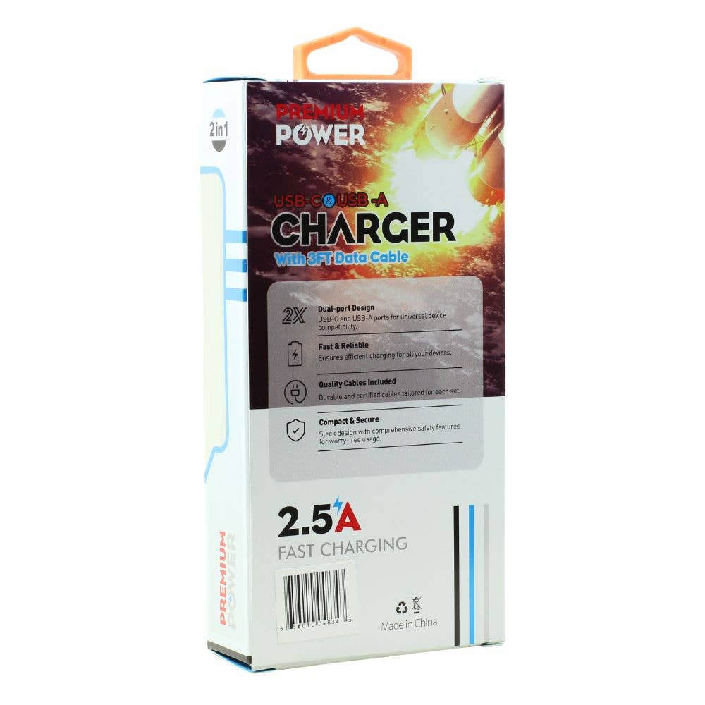 2-in-1 2.5A Dual Port USB-A And USB-C Wall Charger 3ft