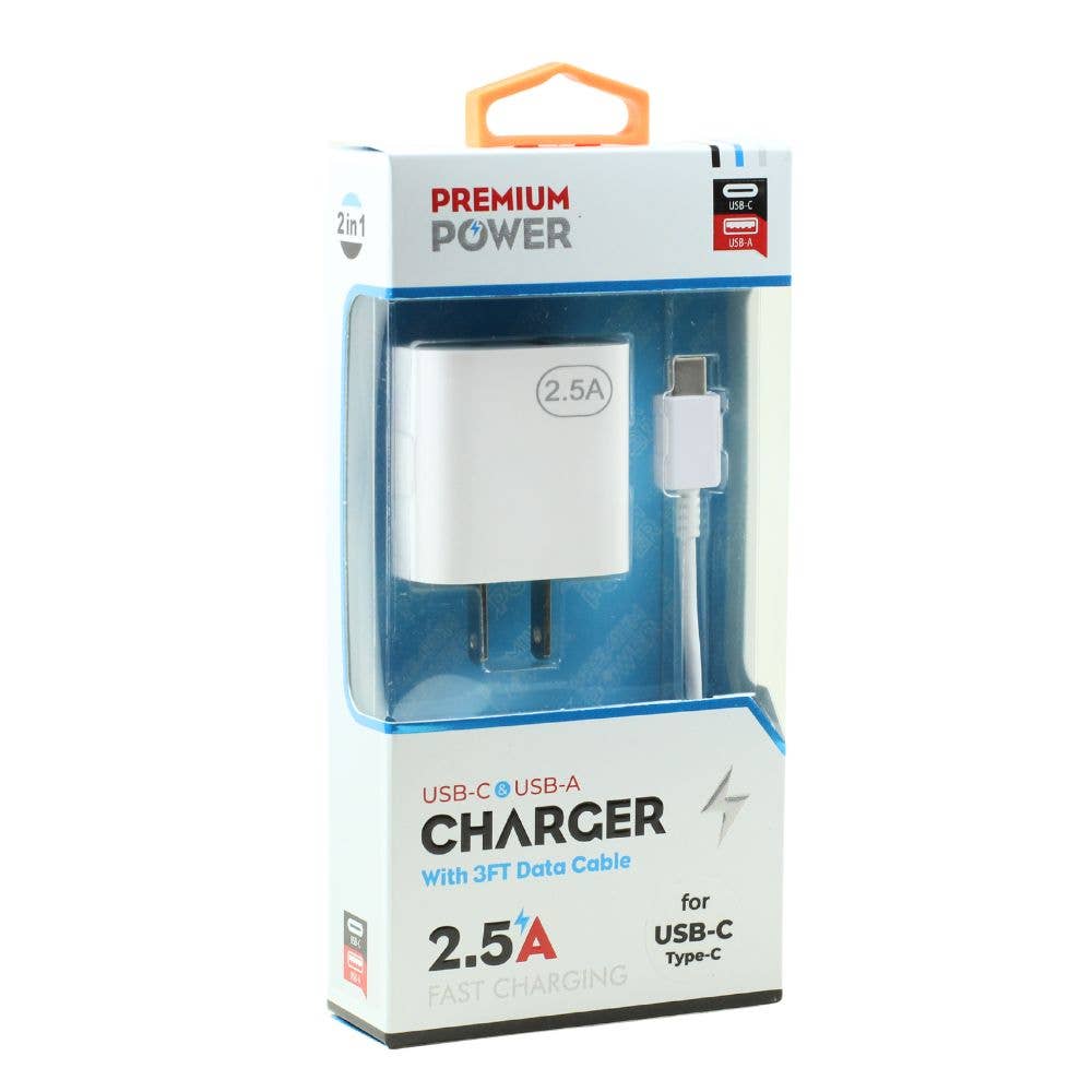 2-in-1 2.5A Dual Port USB-A And USB-C Wall Charger 3ft