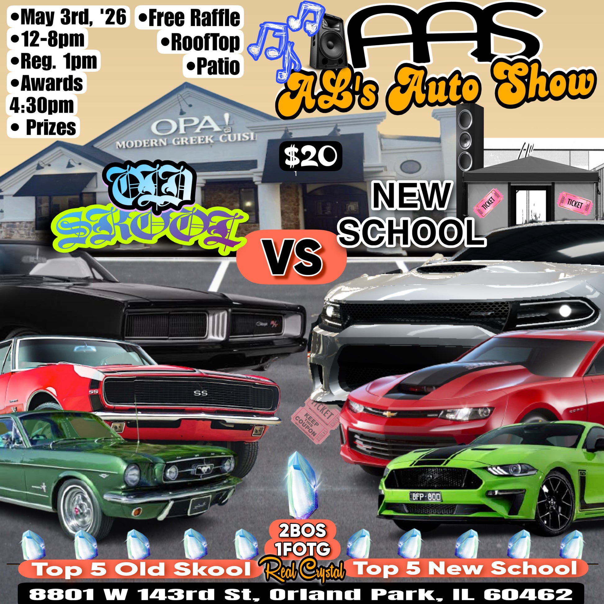 Promotional poster for AL's Auto Show featuring cars and event details.